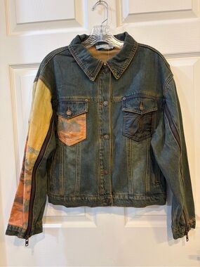 NWT Dark Wash Blue Mix Denim Jacket Multicolor Sleeve Cowboy Zipper Sleeves